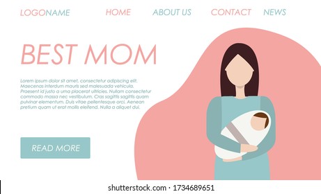 Maternity Landing Template.Mother with a newborn baby in her arms. Pink and blue gamma. Support for single mothers, counseling on feeding, complementary foods and children's sleep, psychological