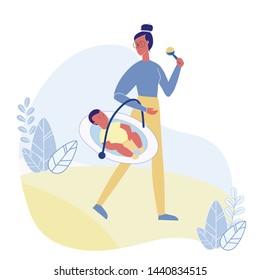 Maternity Leave, Babysitting Vector Illustration. Female babysitter and Smiling Infant Cartoon Characters. Young Mother Holding Baby Carrier and Beanbag. Motherhood, Happy Mom with Child on Walk