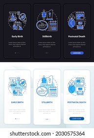 Maternity leave cases dark, light onboarding mobileapp page screen. Walkthrough 3 steps graphic instructions with concepts. UI, UX, GUI vector template with linear night and day mode illustrations