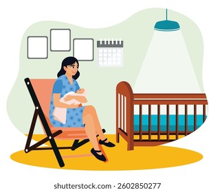 Maternity leave concept. Happy mother sits on a chair and hugs her baby on bedroom. Flat vector illustration.