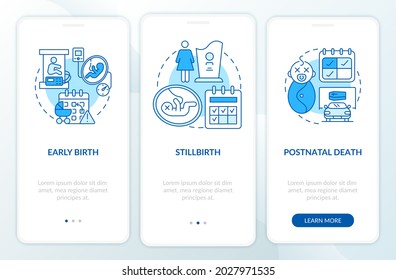 Fälle von Ansprüchen auf Mutterschaftsurlaub blauer Onboarding Mobil-App-Bildschirm. 3-stufige grafische Anleitungen mit Konzepten. UI, UX, GUI-Vektorvorlage mit linearen Farbillustrationen