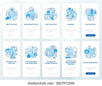 Maternity leave related blue onboarding mobile app page screen set . Return to work walkthrough 5 steps graphic instructions with concepts. UI, UX, GUI vector template with linear color illustrations