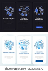 Maternity leave rights dark, light onboarding mobileapp page screen. Walkthrough 3 steps graphic instructions with concepts. UI, UX, GUI vector template with linear night and day mode illustrations