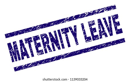 MATERNITY LEAVE stamp seal watermark with distress style. Blue vector rubber print of MATERNITY LEAVE text with corroded texture. Text tag is placed between parallel lines.