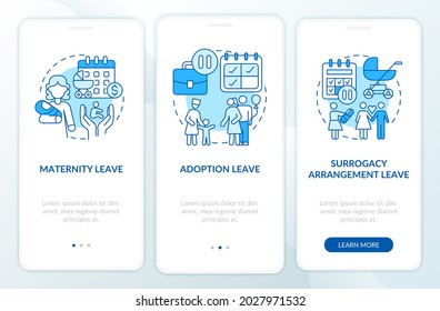 Maternity leave types blue onboarding mobile app page screen. Adoption, surrogacy walkthrough 3 steps graphic instructions with concepts. UI, UX, GUI vector template with linear color illustrations