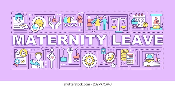 Maternity leave word concepts banner. Take care of child. Infographics with linear icons on purple background. Isolated creative typography. Vector outline color illustration with text