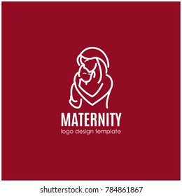Maternity logo concept - happy woman with newborn. Vector design template in linear style for your design