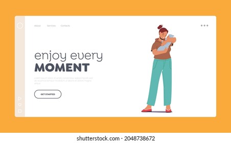 Maternity, Mother Care Concept for Landing Page Template. Young Female Character Holding Newborn Baby on Hands, Caucasian Woman Rock to Sleep Child, Singing Song. Cartoon People Vector Illustration