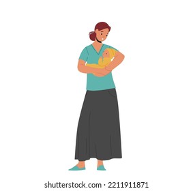 Maternidad, Concepto De Atención Materna. Personaje femenino joven sostiene mano a bebé recién nacido, mujer caucásica roca para dormir niño, cantando canción aislada de fondo blanco. Ilustración de vectores de personas de caricatura