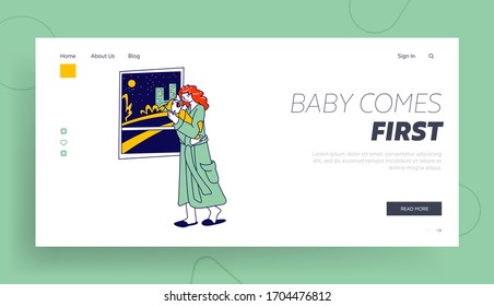 Maternity, Mother Care Landing Page Template. Tired Woman Character with Sleepy Face Holding Newborn Baby on Hands Rock to Sleep Crying Child with Cramps. Linear People. Linear Vector Illustration