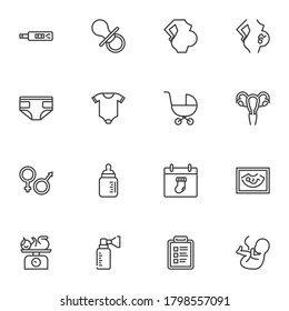 Maternity, motherhood line icons set, outline vector symbol collection, linear style pictogram pack. Signs, logo illustration. Set includes icons as newborn baby, pregnant woman, baby diaper, embryo