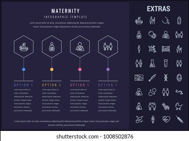Maternity options infographic template, elements and icons. Infograph includes line icon set with pregnant woman, breast feeding, child care, reproductive technologies, ultrasound scan, baby etc.