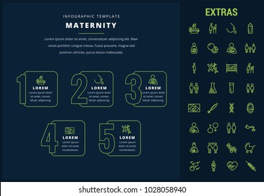 Maternity options infographic template, elements and icons. Infograph includes line icon set with pregnant woman, breast feeding, child care, reproductive technologies, ultrasound scan, baby etc.