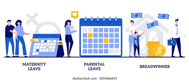 Maternity and parental leave, breadwinner concept with tiny people. Care for children and family vector illustration set. Home office, pregnant woman, newborn child, family needs support metaphor.