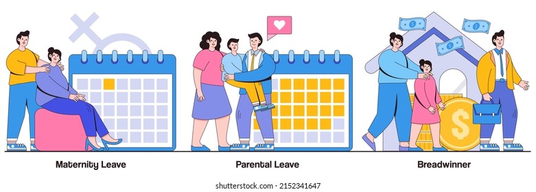 Maternity and parental leave, breadwinner concepts with people characters. Care for children and family illustrations pack. Home office, pregnant woman, newborn child, family needs support metaphor.