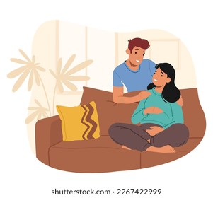 Maternity, Parenting Concept. Happy Couple of Husband and Wife Prepare Become Parents. Man Embracing Pregnant Woman with Big Belly Sitting on Couch. Young Family Wait Baby. Cartoon Vector Illustration