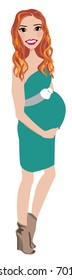 Maternity Portrait Vector Logo Design Graphic of Pregnant Woman Curly Red Hair Woman Isolated Woman Standing White Background Female Vector Character Icon Avatar People Pregnant Lady Maternity Leave 