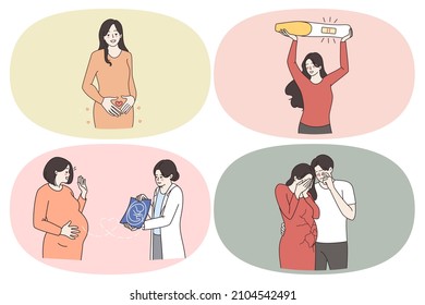 Maternity pregnancy and healthcare concept. Set of happy pregnant woman looking at ultrasound from doctor feeling happy knowing of pregnancy and unhappy couple crying losing baby vector illustration