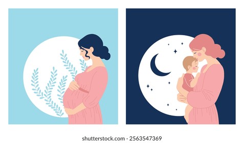 Maternity and pregnancy postcard templates with space for text. Pregnant woman holding her belly. Mom hugging baby. Happy Mothers Day. Vector illustration