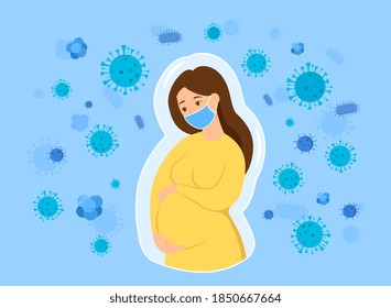 Maternity and pregnancy protection abstract concept. Pretty pregnant woman wearing face mask and protecting herself from infection. Prevention and immunity. Flat cartoon vector illustration.