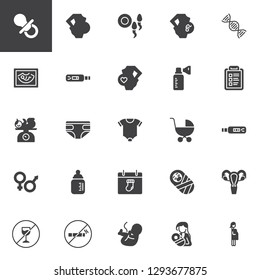 Maternity and pregnancy vector icons set, modern solid symbol collection, filled style pictogram pack. Signs, logo illustration. Set includes icons as Baby Pacifier, Pregnant women, Fertilization 