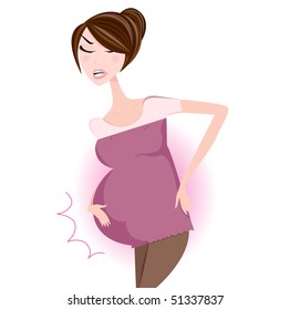 Maternity - pregnant woman holding her belly. Beautiful mom - young woman holding her belly. She feel pains. Vector Illustration.