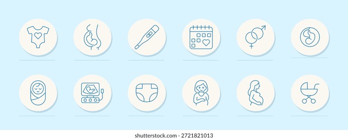 Symbol für Mutterschaftsgruppe. Zirkulär umrissene Symbole von Onesie, Embryo, Schwangerschaftstest, Kalender, Geschlechtsymbolen, Swaddle, Ultraschall, Windel, schwangerer Frau, Mutter und Kinderwagen