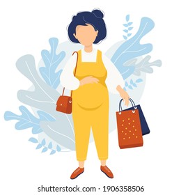 Maternity and shopping. Happy pregnant woman in yellow jumpsuit tenderly hugs her belly with one hand and holds bags from the store with the other. small bag hangs on the shoulder. Vector illustration