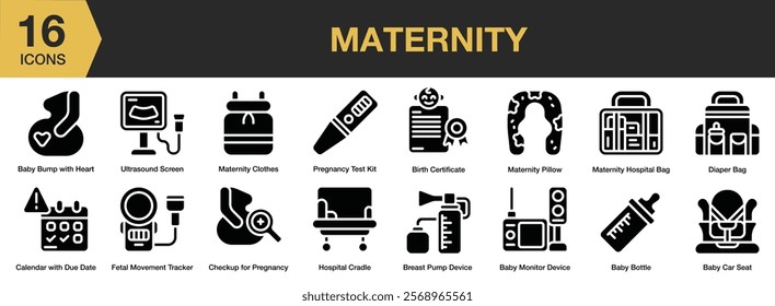 Maternity solid icon set. Includes mother, baby, maternity, pregnant, health, pregnancy, and More. Solid icons vector collection.