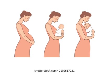 Maternity Stages Flat Icon Set. Pregnant Woman, Mommy Hugging A Newborn Baby, Sleeping Toddler. Vector Isolated On White. Pregnancy Character, Mother S Day Card.