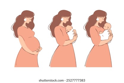 Conjunto de iconos planos de etapas de maternidad. Mujer embarazada, mamá abrazando a un bebé recién nacido, niño dormido. Vector aislado en blanco. Carácter del embarazo, tarjeta del día de la madre.