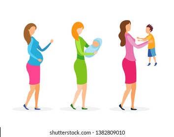 Maternity Stages, Mother Cartoon Characters Set. Pregnancy, Expectant Woman. Young Lady Holding Newborn Baby, Infant. Happy Mom with Little Child, Son. Childcare, Motherhood Isolated Design Elements