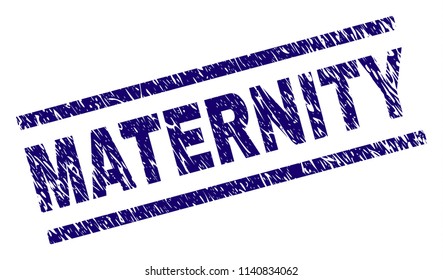 MATERNITY stamp seal watermark with distress style. Blue vector rubber print of MATERNITY text with unclean texture. Text tag is placed between parallel lines.