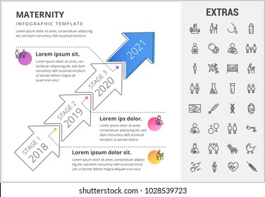 Maternity timeline infographic template, elements and icons. Infograph includes stages with years, line icon set with pregnant woman, breast feeding, child care, reproductive technologies, newborn etc