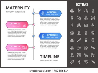 Maternity timeline infographic template, elements and icons. Infograph includes options with years, line icon set with pregnant woman, breast feeding, child care, reproductive technologies, baby etc.