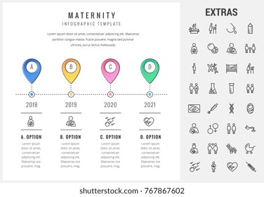 Maternity timeline infographic template, elements and icons. Infograph includes options with years, line icon set with pregnant woman, breast feeding, child care, reproductive technologies, baby etc.
