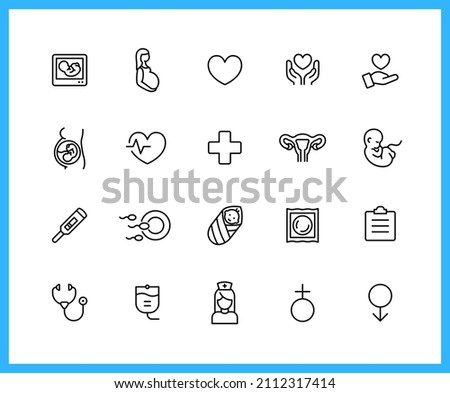 a maternity unit linear icons. Set of vagina, prenatal, baby, mom symbols drawn with thin contour lines. Vector illustration.