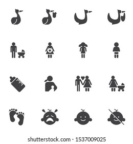 Maternity vector icons set, modern solid symbol collection, filled style pictogram pack. Signs, logo illustration. Set includes icons as pregnant woman, stork with baby, family, child, breast feeding