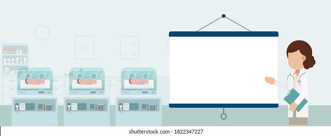 Sala de maternidad con proyector de pantalla en blanco y recién nacidos en incubadoras de diseño plano ilustración vectorial