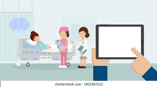 Maternity ward with blank screen tablet and medical staff  flat design vector illustration