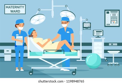 Konzept des Mutterschutzes Der Arzt untersucht die schwangere Frau. Mutterschaftskrankenhaus Ward. Geburt im Klinikbereich. Frau im Mutterschaftsheim. Medizinische Gesundheitsversorgung. Vektorflache Illustration.