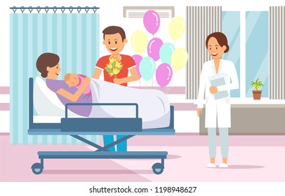 Concepto del salario de maternidad. Guardia del Hospital de Maternidad. Parto en Clínica Set. Mujer en casa de maternidad. Atención médica. Madre, padre y bebé en Ward. Ilustración plana vectorial.