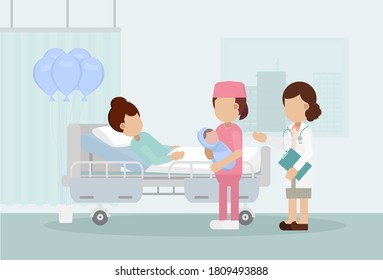 Maternity ward with doctor flat design vector illustration
