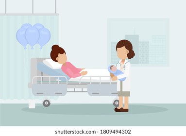 Maternity ward with doctor flat design vector illustration