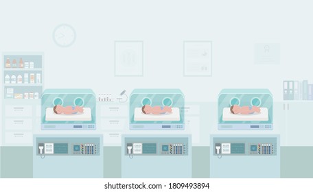 Maternity ward with newborn babies in incubators flat design vector illustration