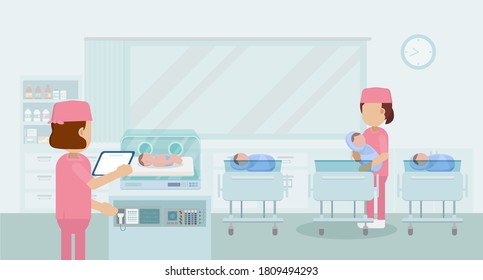 Maternity ward with nurse flat design vector illustration