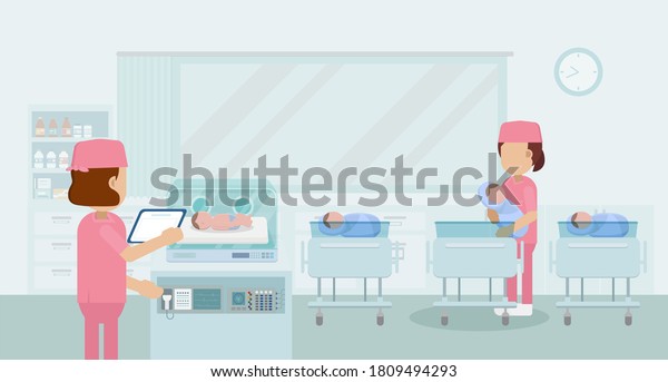 Maternity\
ward with nurse flat design vector\
illustration