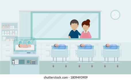 Maternity ward with parents watching newborn babies flat design vector illustration