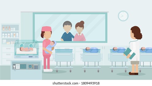 Sala de maternidad con pediatra y recién nacidos de diseño plano ilustración vectorial