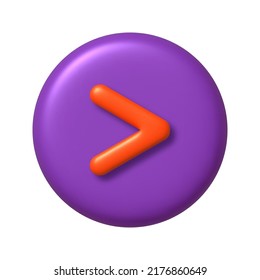 Math 3D icon. Orange arithmetic greater than sign on purple round button. 3d realistic design element. Vector illustration.